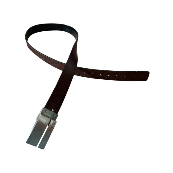 Vintage Kenneth Cole Reaction Brown Leather Belt With Chunky Y2K Silver Buckle - Picture 1 of 6